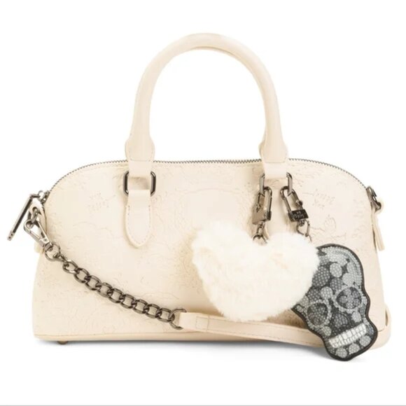 Betsey Johnson Cream Skull Embossed Satchel Crossbody with Skull & Heart Charm - Picture 6 of 8